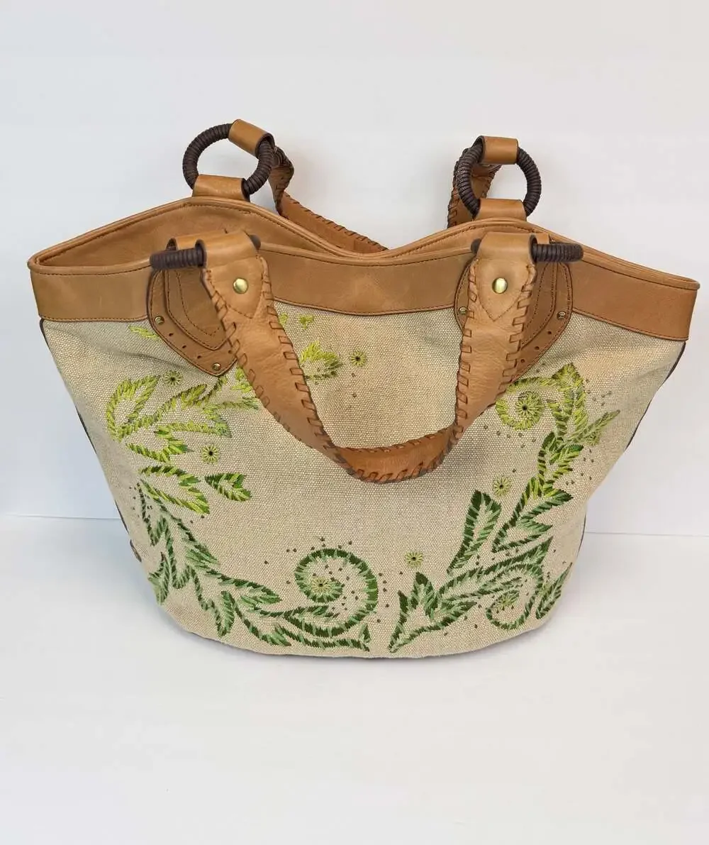 Cole Haan Canvas and Leather Tote with Green Floral Embroidery